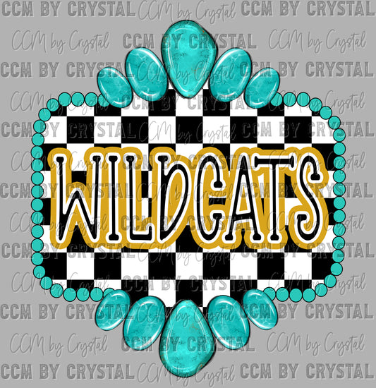 Gold Wildcats Mascot Turquoise Concho Ready to Press Transfer DTF Transfer Sublimation Transfer