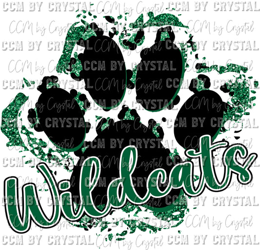 Wildcats Hunter Green Glitter Leopard Paw Mascot Ready to Press Transfer