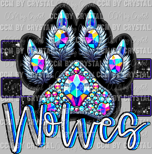 Wolves Mascot Faux Rhinestones Effect Ready to Press Transfer DTF Transfer Sublimation Transfer