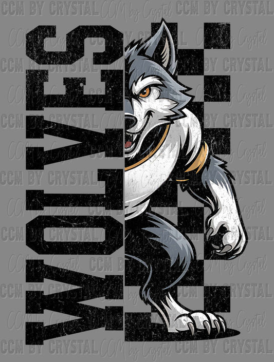 Wolves Grunge Checkered Sports Mascot Ready to Press Transfer DTF Transfer Sublimation Transfer