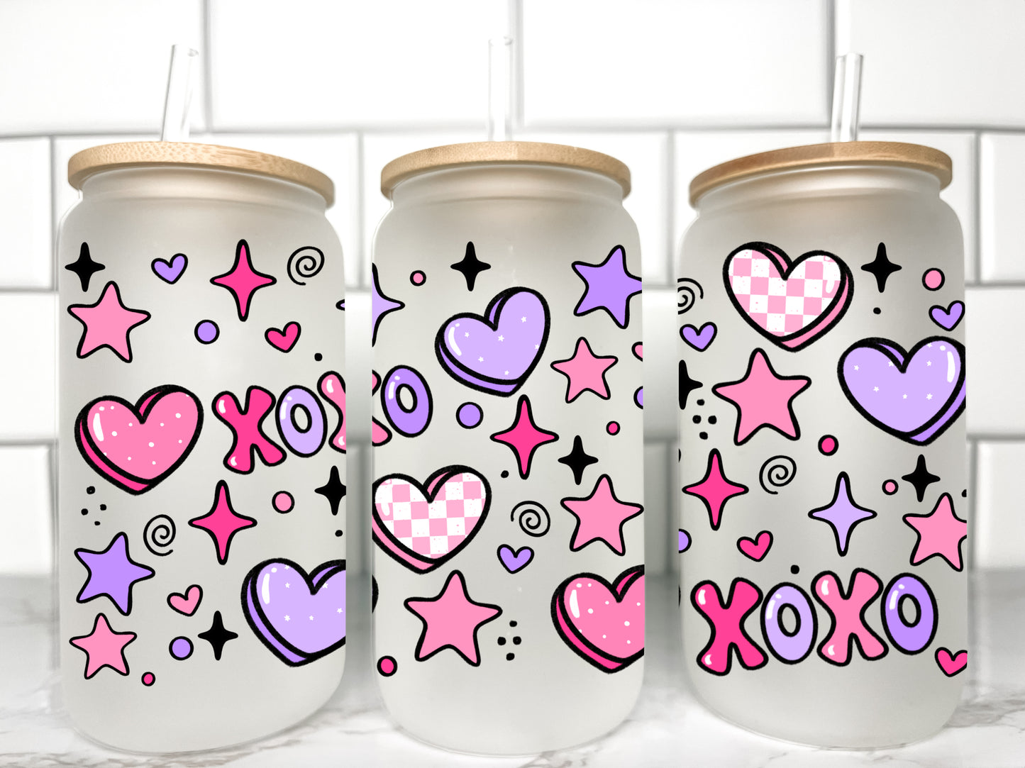 Girly Hearts XoXo UV Transfer 16oz Libby Glass Can Wrap Ready to Apply