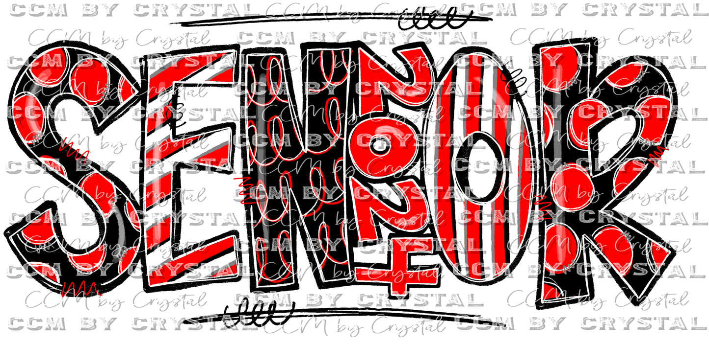 2024 Senior Red and Black Doodle Letters Ready to Press Transfer