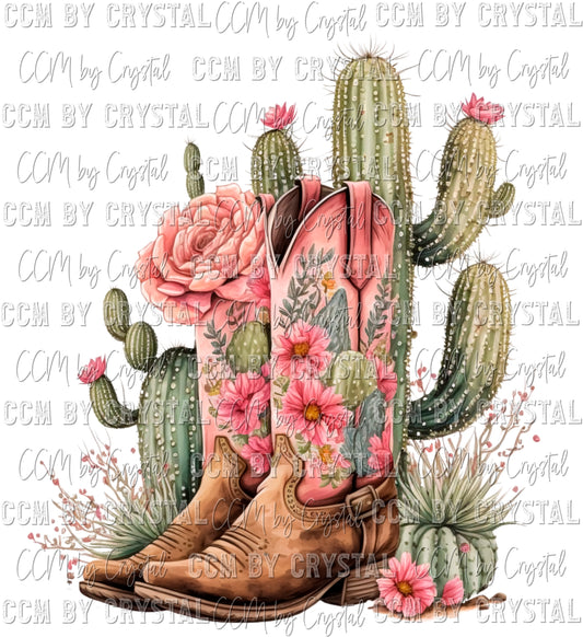 Cowgirl Boots and Cactus Ready to Press Transfer