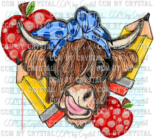 Highland Cow with Glasses Teacher Students Back to School Ready to Press Transfer