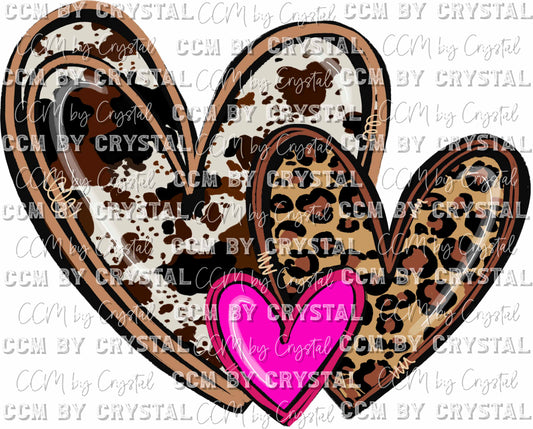 Hearts Trio Valentine's Day Cowhide Leopard Ready to Press Transfer