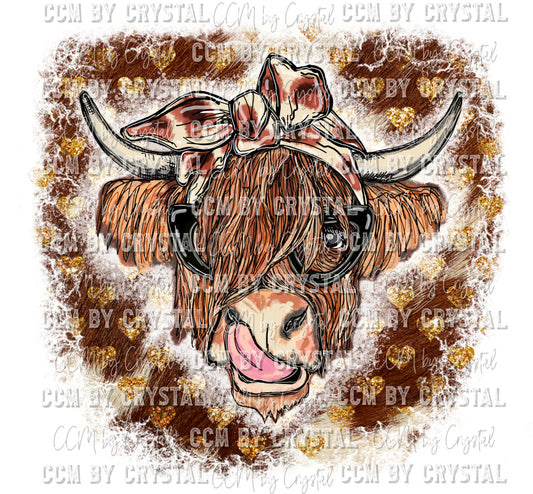 Highland Cow Cowhide Gold Hearts Ready to Press Transfer