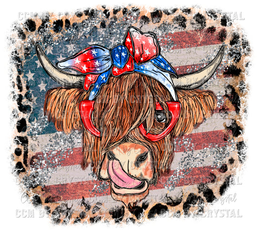 Highland Cow with Glasses US Flag and Leopard Background Ready to Press Transfer