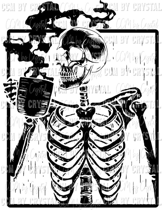 Skeleton Drinking Coffee Ready to Press Transfer